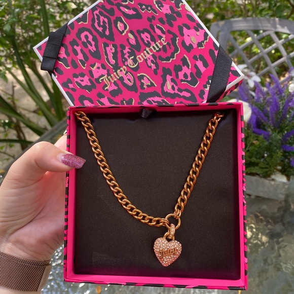 Juicy Couture Logo Gold & Crystal Heart Chain Necklace with Box - Picture 16 of 16